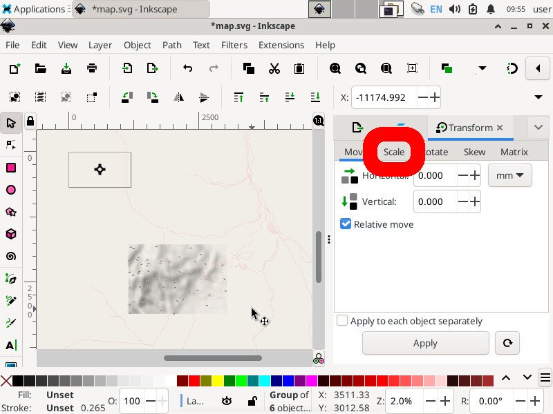 Screenshot of the inkscape application showing the the "Transform..." tab with a sub-tab named "Scale" highlighted.