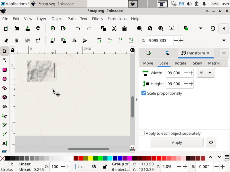 Screenshot of the inkscape application. On the top-left is a small map overlaying a wide rectangle. The map is a bit larger than the rectangle.