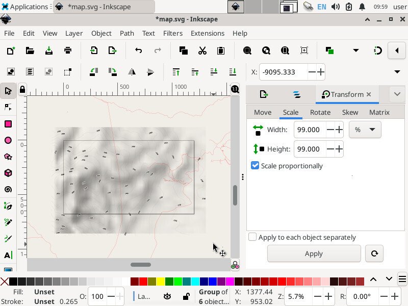 Screenshot of the inkscape application. In the center is a map overlaying a wide rectangle. The map is a bit larger than the rectangle.