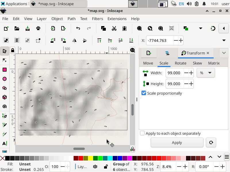 Screenshot of the inkscape application. In the center is a map overlaying a wide rectangle. The map is about the same width as the rectangle, but it overlaps the rectangle in height.