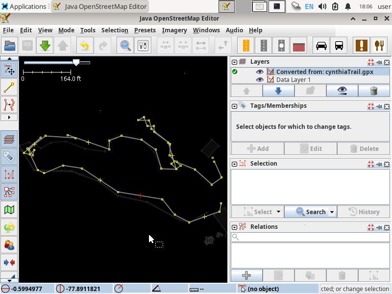 Screenshot of the JOSM application showing a big looping path. Many nodes on the path are clustered and chaotic.