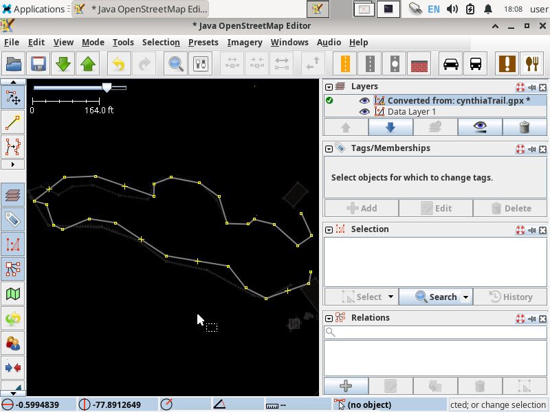 Screenshot of the JOSM application showing a big looping path. The nodes of the path are fairly evenly spaced and clean.