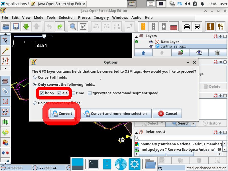 Screenshot of the JOSM application showing a pop-up window titled "Options". The "Only convert the following fields:" radi button is selected, with only "hdop" and "ele" checked below it. The "Convert" button is highlighted"