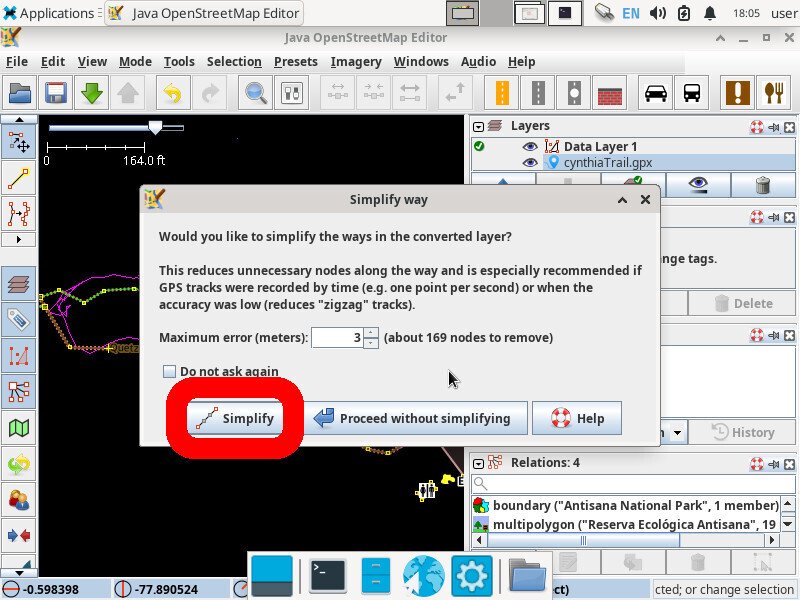 Screenshot of the JOSM application showing a pop-up titled "Simplify way". The "Simplify" button is highlighted".