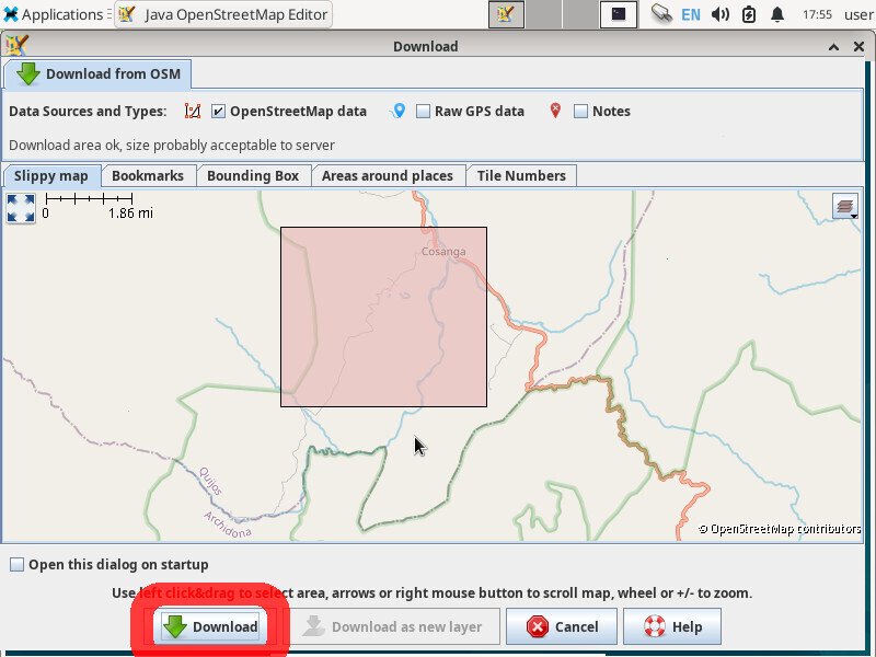 Screenshot of the JOSM application showing a pop-up window titled "Download". A big red box is drawn over a map, and the "Download" button in the bottom-left is highlighted.