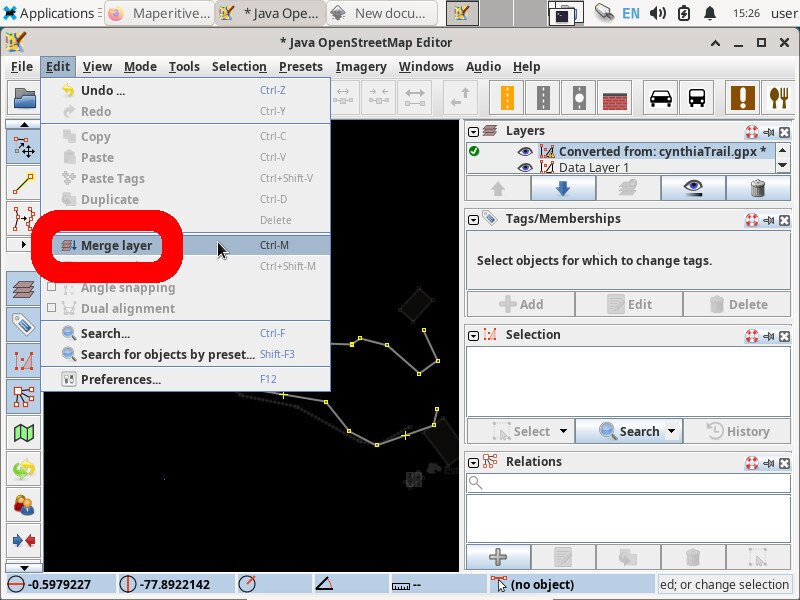 Screenshot of the JOSM application showing the "Edit" menu open, and the "Merge layer" option highlighted.