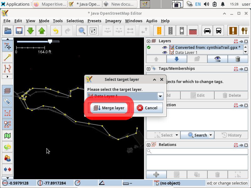 Screenshot of the JOSM application showing a pop-up window titled "Select target layer" and a "Merge layer" button is highlighted.