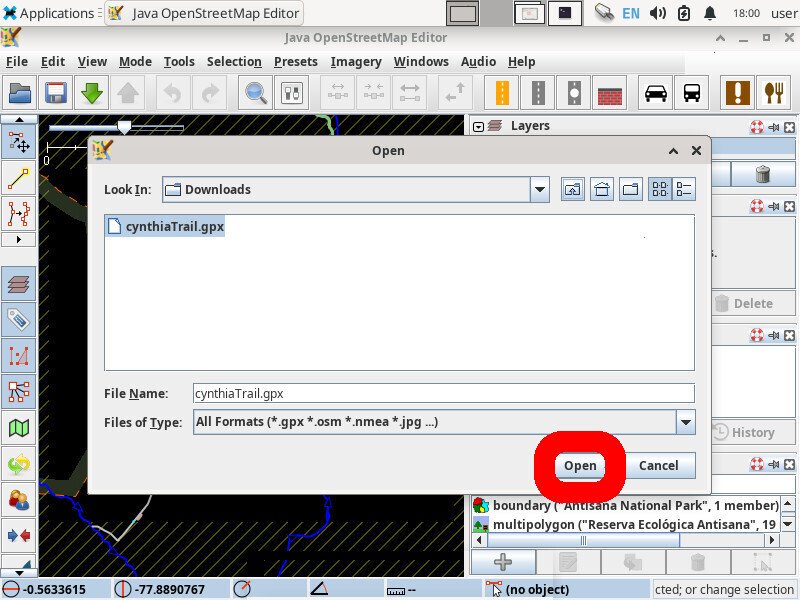 Screenshot of the inkscape application showing a popup titled "Open", a file named "cynthiaTrail.gpx" selected, and the "Open" button highlighted.