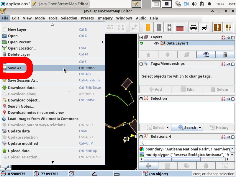 Screenshot of the JOSM application showing the "File" menu open with the "Save As..." option highlighted.