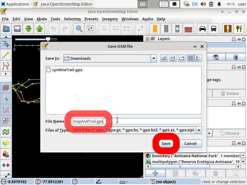 Screenshot of the inkscape application showing a popup titled "Save OSM file". The "File Name" input field is set to value "mapAndTrail.gpx" and the "Save 'button is highlighted.