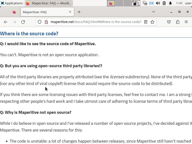 Screenshot of the Firefox application viewing the page "maperitivenet/docs/FAQ.html#Where is the source code?". 3 questions & answers are visible. The first question is "Q: I would like to see the source code of Maperitive.". It has answer "A: You can't. Maperitive is not an open source application."