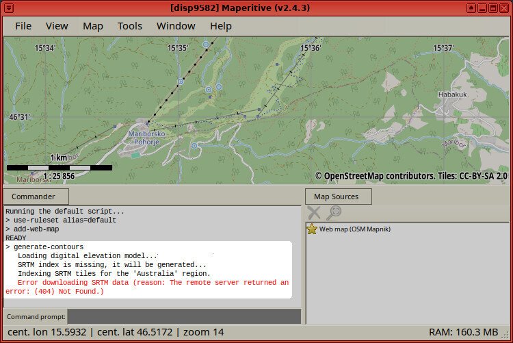 Screenshot of the Maperitive application showing the execution of the "generate-contours" command, whose output has an error = "Error downloading SRTM data (reason: The remote server returned an error: (404) Not Found.)"