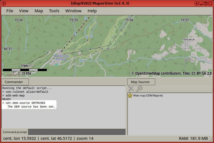 Screenshot of the Maperitive application showing the execution of the "set-dem-source SRTMV3R3" command, whose output is "The DEM source has been set."