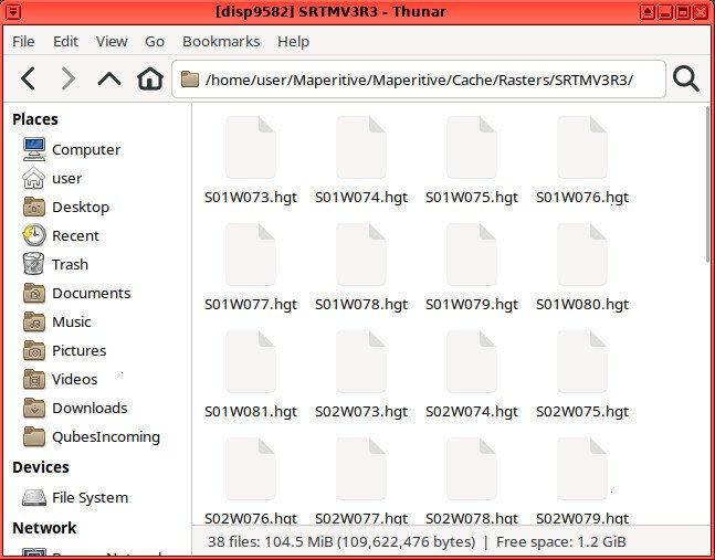 Screenshot of the Thunar file browser application, showing the contents of the "/home/user/Maperitive/Maperitive/Cache/Rasters/SRTMV3R3/" directory -- which as "38 files: 104.5 MiB". 16 files are shown, ranging from "S01W073.hgt" to "S02W079.hgt"