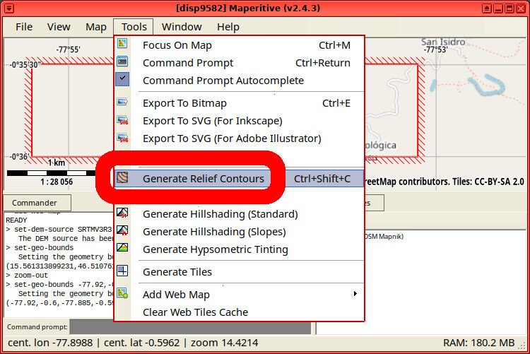 Screenshot of the Maperitive application showing the "Tools" menu open with the "Generate Relief Contours" option highlighted