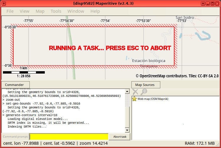 Screenshot of the Maperitive application showing the execution of the "generate-contours interval=10" command, whose output is "Indexing SRTM tiles...". The main screen has large red text saying "RUNNING A TASK... PRESS ESC TO ABORT"