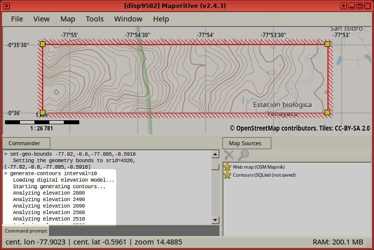 Screenshot of the Maperitive application showing the execution of the "generate-contours interval=10" command, whose output says "Analyzing elevation 2080 / Analyzing elevation 20490..." until it runs off the screen