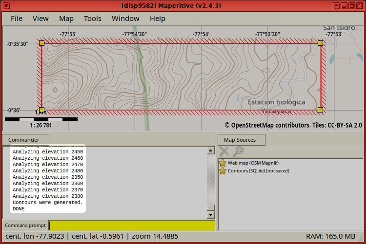 Screenshot of the Maperitive application showing the execution of the "generate-contours interval=10" command, whose output ends with "Analyzing elevation 2370 / Analyzing elevation 2380 / Contours were generated. / DONE"