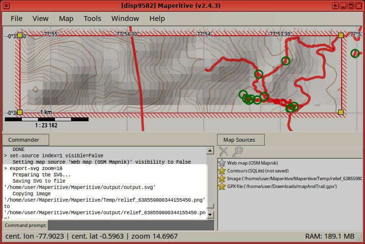 Screenshot of the Maperitive application showing the execution of the "export-svg zoom=18" command, whose output says "Preparing the SVG... / Saving SVG to file..."