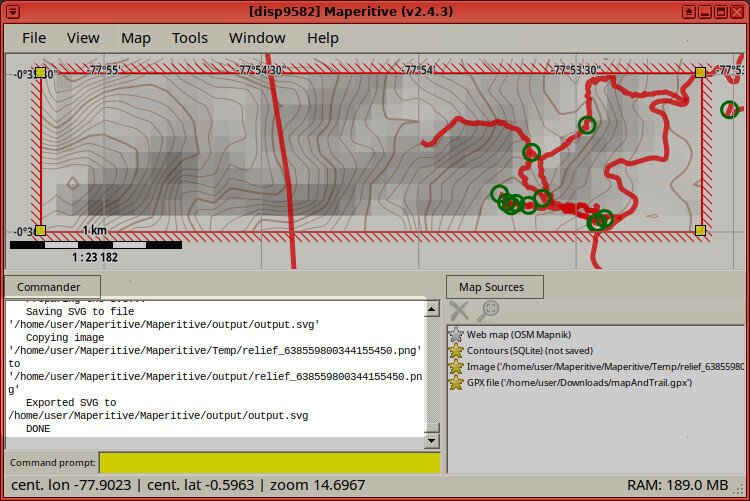 Screenshot of the Maperitive application showing the execution of the "export-svg zoom=18" command, whose output ends with "Exported SVG to /home/user/Maperitive/Mapertivie/output/output.svg / DONE"