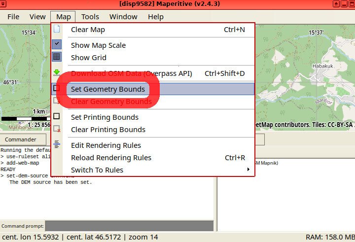 Screenshot of the Maperitive application showing the "Map" menu open with the option "Set Geometry Bounds" highlighted