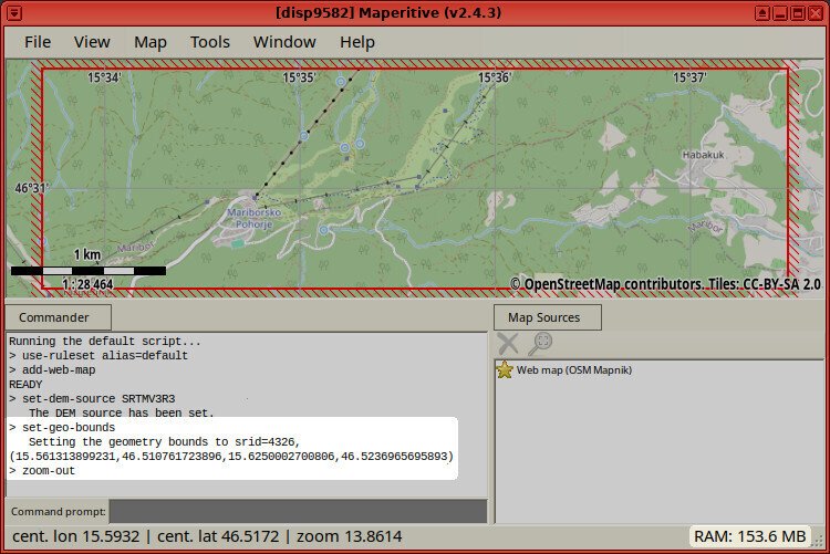 Screenshot of the Maperitive application showing the execution of the "set-geo-bounds" command followed by the "zoom-out" command