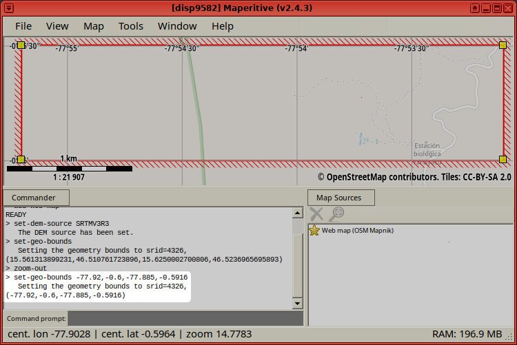 Screenshot of the Maperitive application showing the execution of the "set-geo-bounds -77.92,-0.6,-77.885,-0.5916" command