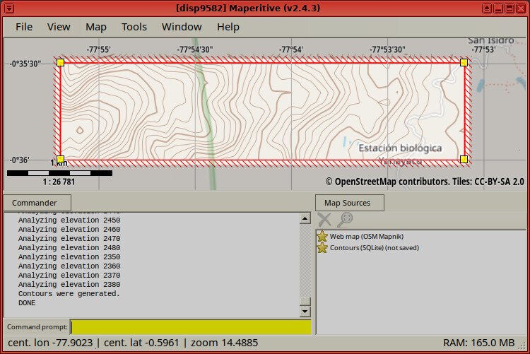 Screenshot of the Maperitive application showing the execution of the "generate-contours interval=10" command, whose output ends with "Analyzing elevation 2370 / Analyzing elevation 2380 / Contours were generated. / DONE". The red-rectangle bounded area on the map is highlighted, and no hillshades are visible.