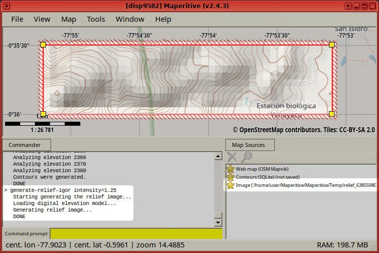 Screenshot of the Maperitive application showing the execution of the "generate-relief-igor intensity=1.25" command, whose output ends with "Generating relief image.. / DONE". The red-rectangle bounded area on the map is highlighted, and there are blocky dark hillshades visible over the contour lines.