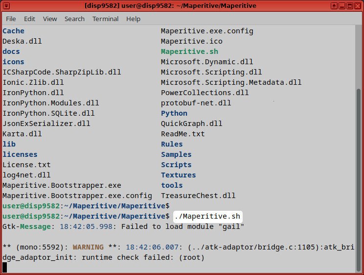 Screenshot of a terminal application showing the execution of the command "./Maperitive.sh" from within a directory "~/Maperitive/Maperitive"