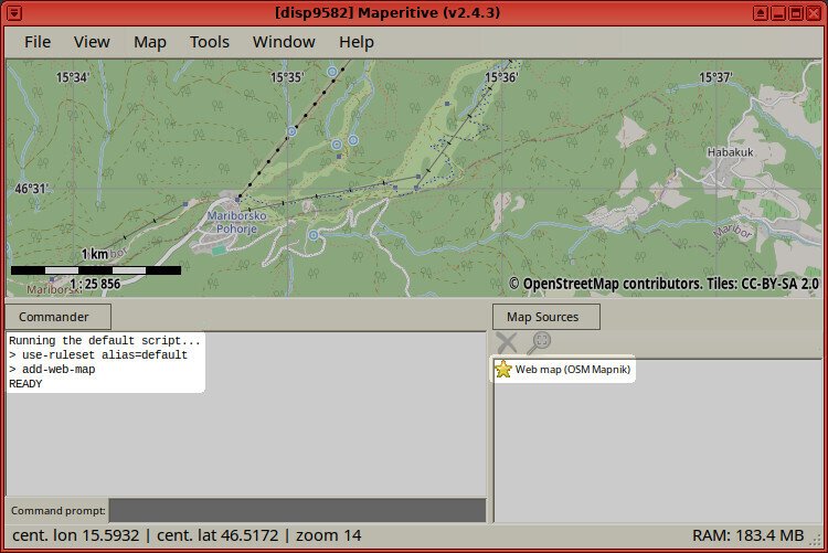 Screenshot of the Maperitive application showing the execution of the "use-ruleset alias=default" and "add-web-map" commands, whose output is "READY". A single layer named "Web map (OSM Mapnik)" is highlighted.