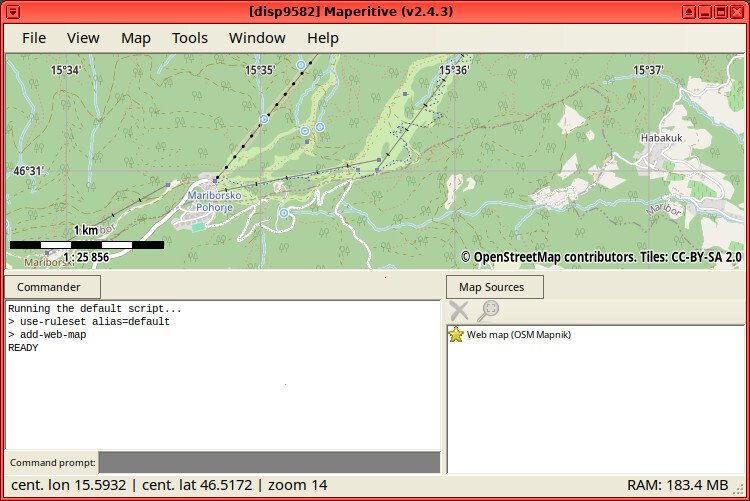 Screenshot of the Maperitive application showing the execution of the "use-ruleset alias=default" and "add-web-map" commands, whose output is "READY"