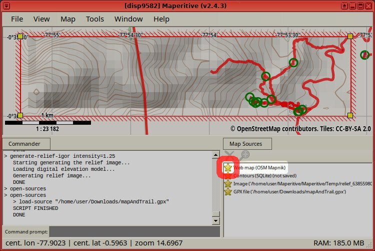 Screenshot of the Maperitive application showing the execution of the "open-sources" and "add-web-map" commands, whose output ends with "DONE". The yellow star next to the layer named "Web map (OSM Mapnik)" is highlighted.