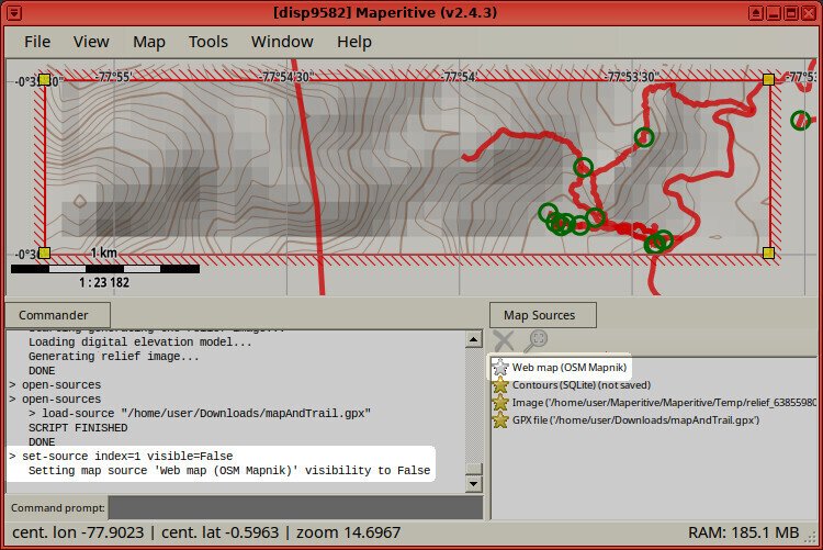 Screenshot of the Maperitive application showing the execution of the "set-source index=1 visible=False", whose output is "Setting map source 'Web map (OSM Mapnik)' visibility to False". The grey star next to the layer named "Web map (OSM Mapnik)" is highlighted.