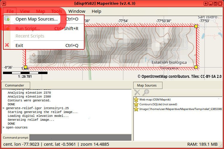 Screenshot of the Maperitive application showing the open "File" menu with the option "Open Map Sources..." highlighted.