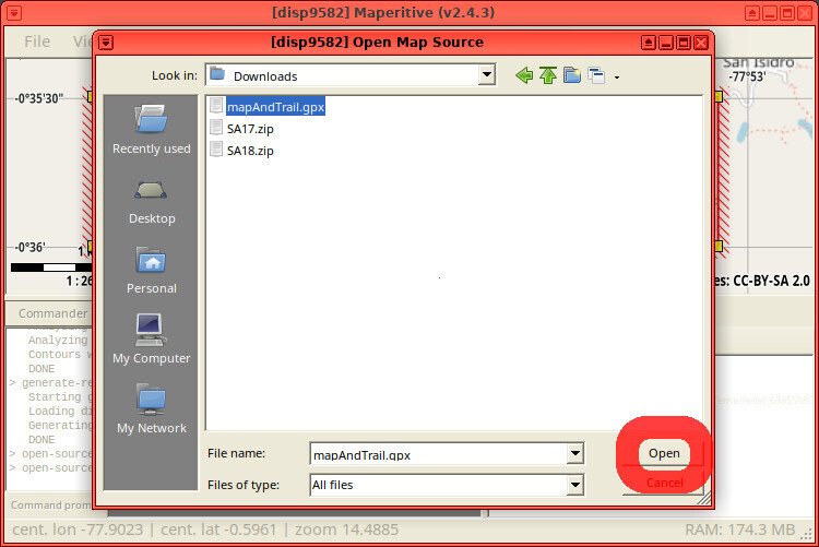 Screenshot of the Maperitive application showing a popup window titled "Open Map Source" with a file named "mapAndTrail.gpx" selected, and the "Open" button highlighted.