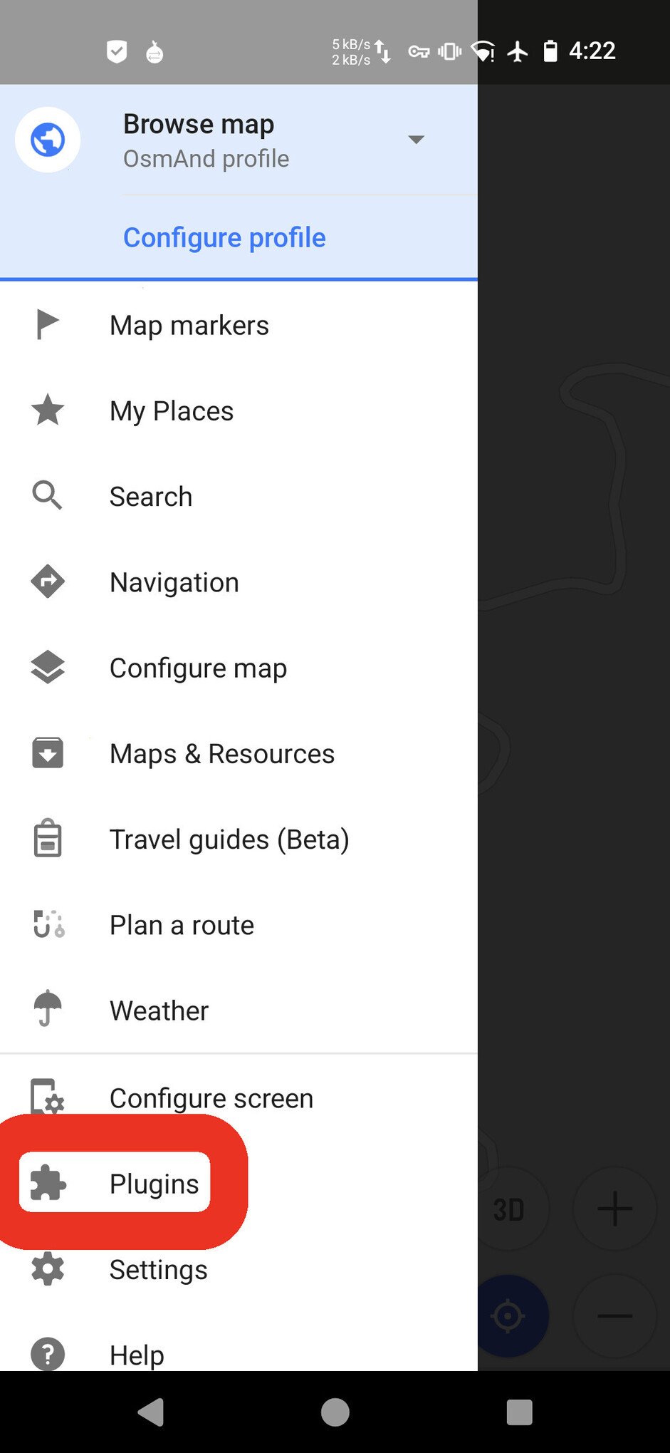 Screenshot of the OsmAnd app, with the menu open and a big red box circling the "Plugins" button