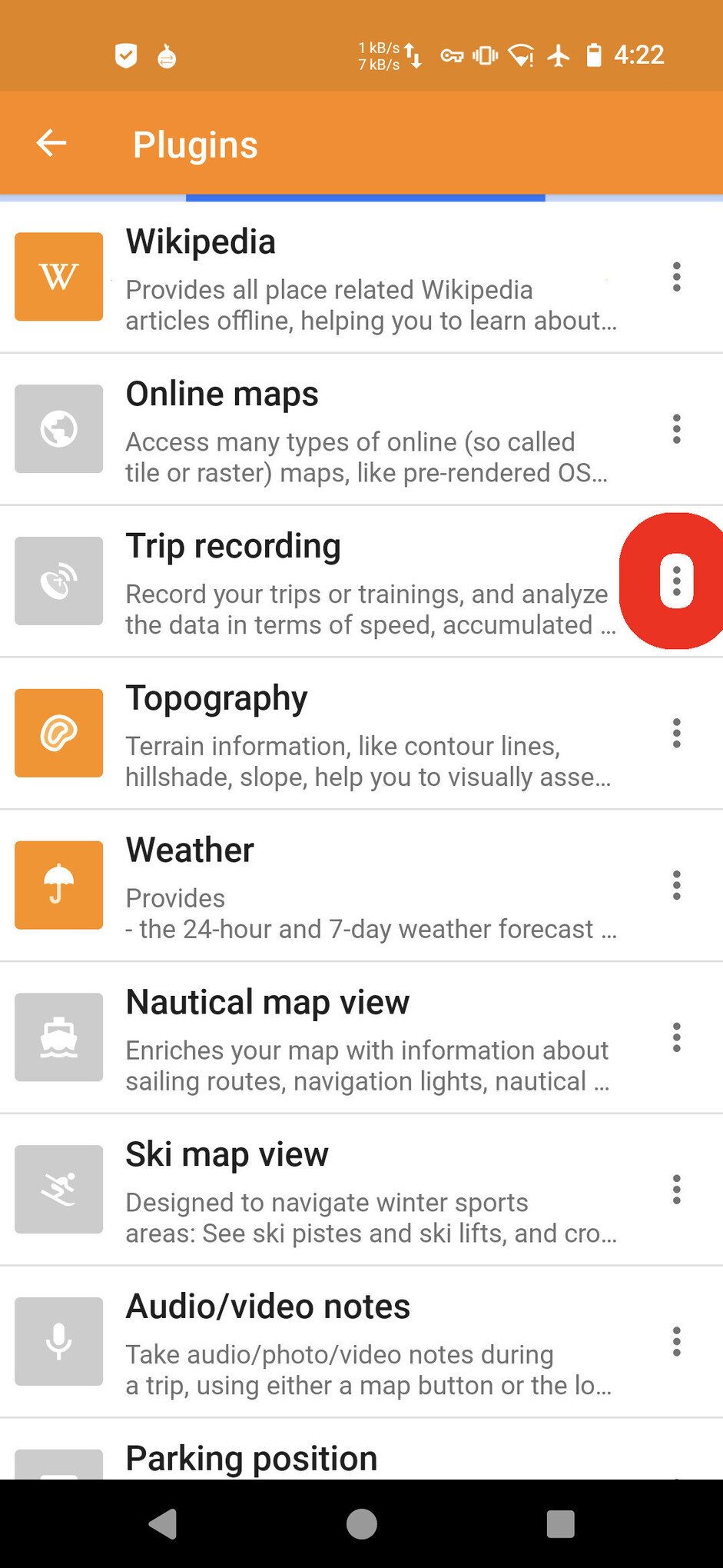 Screenshot of the OsmAnd app, showing a list of plugins. There is a big red box around the thee-vertical-dots button to the right of a row named "Trip recording"