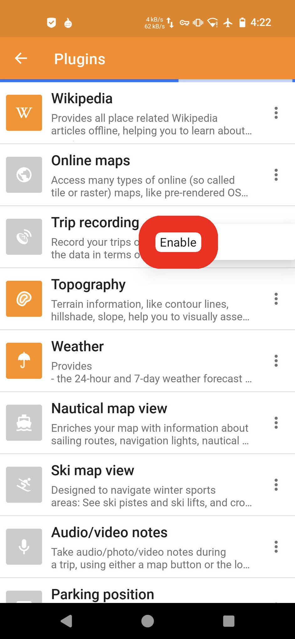 Screenshot of the OsmAnd app's Plugins menu, with a big red box surrounding the words "Enable" over the row titled "Trip recording"