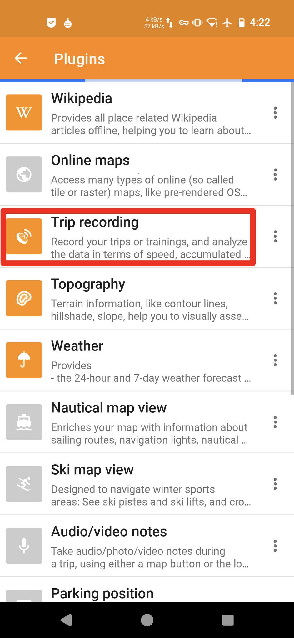 Screenshot of the OsmAnd app, with a big red box circling the "Trip recording" icon, which is now orange instead of grey