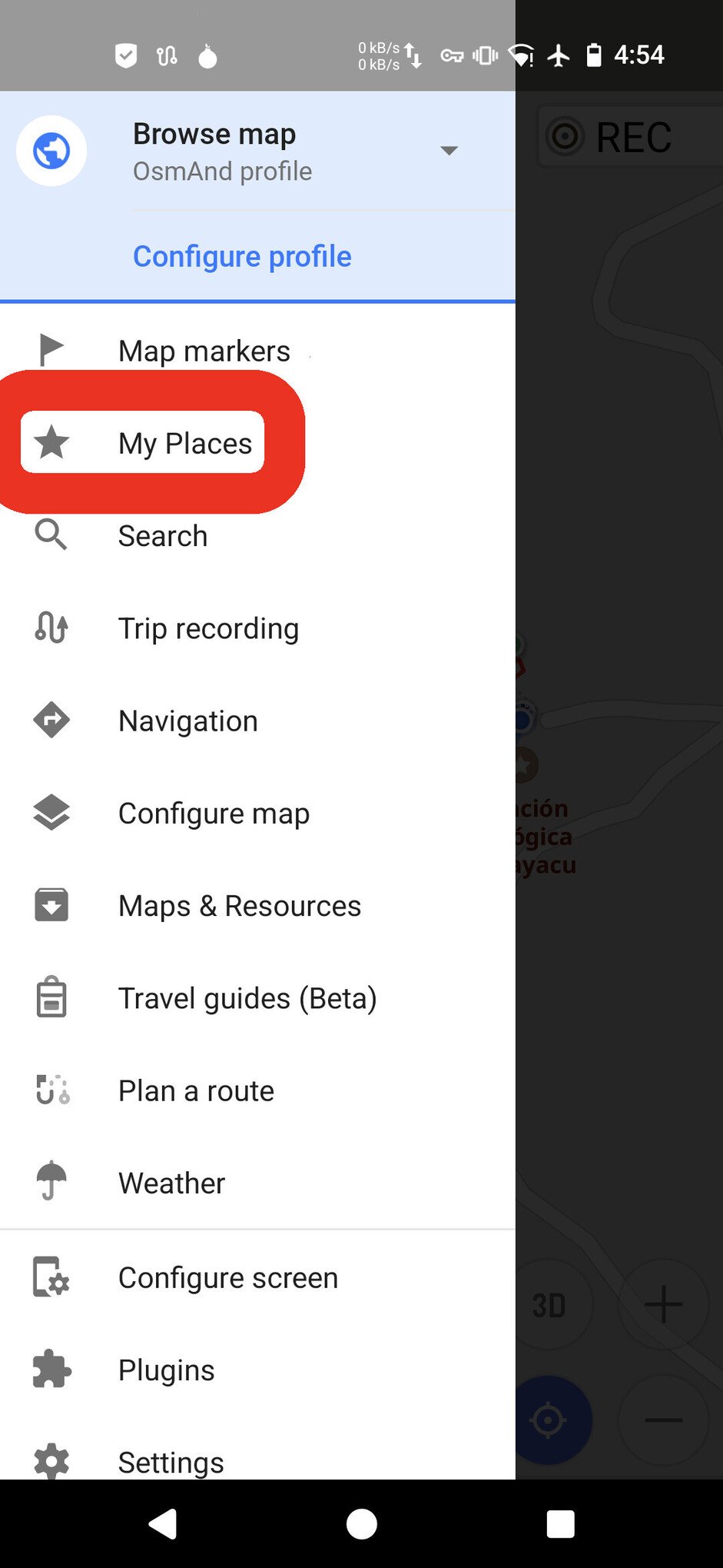 Screenshot of the OsmAnd app, with the menu open and a big red box circling the "My Places" button