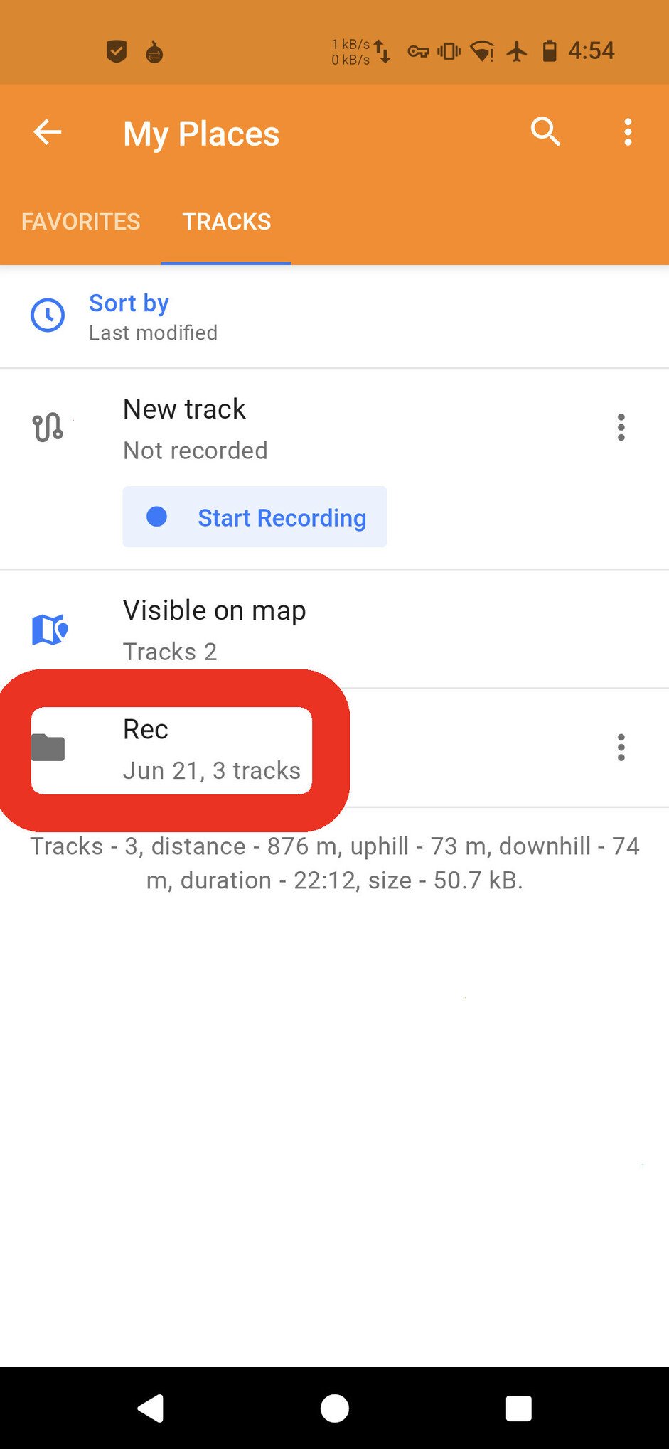 Screenshot of the OsmAnd app, showing the "My Places" screen and a big red box circling the folder named "Rec"