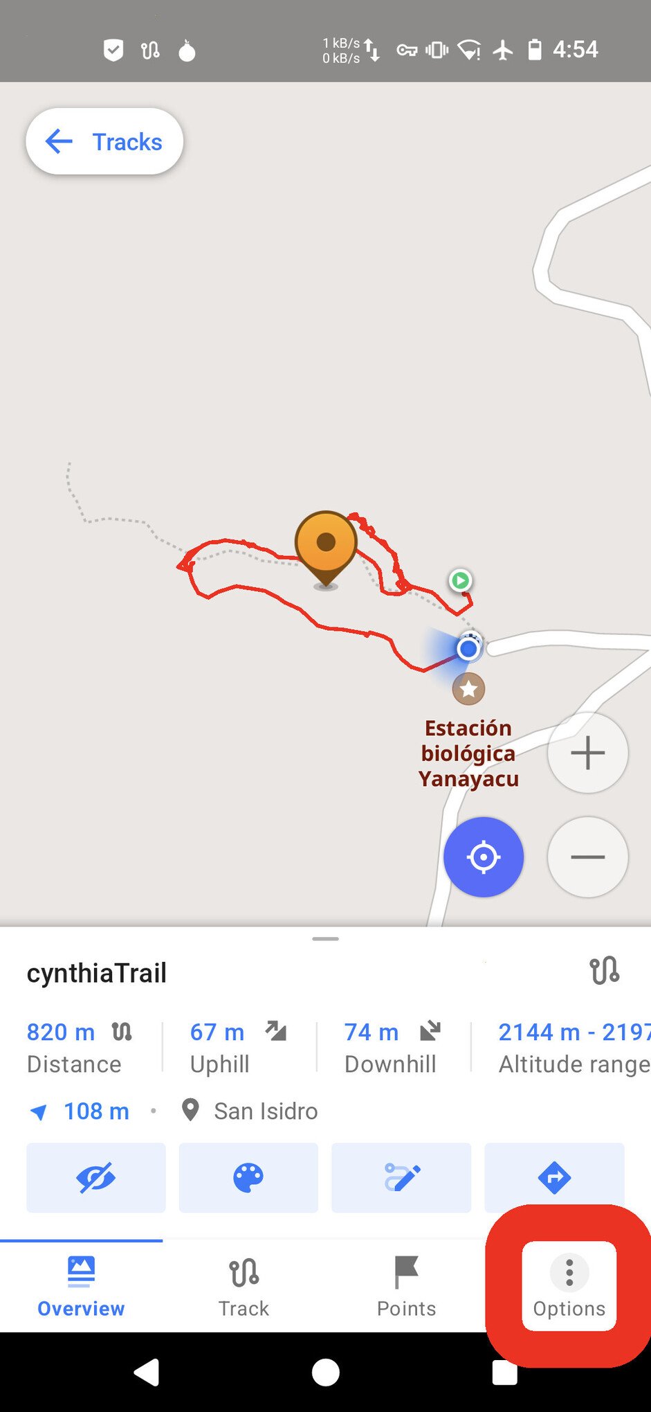 Screenshot of the OsmAnd app, showing details about a track titled "cynthiaTrail" and a number of tabs on the bottom of the screen. There is a big red box around a tab labeled "Options"