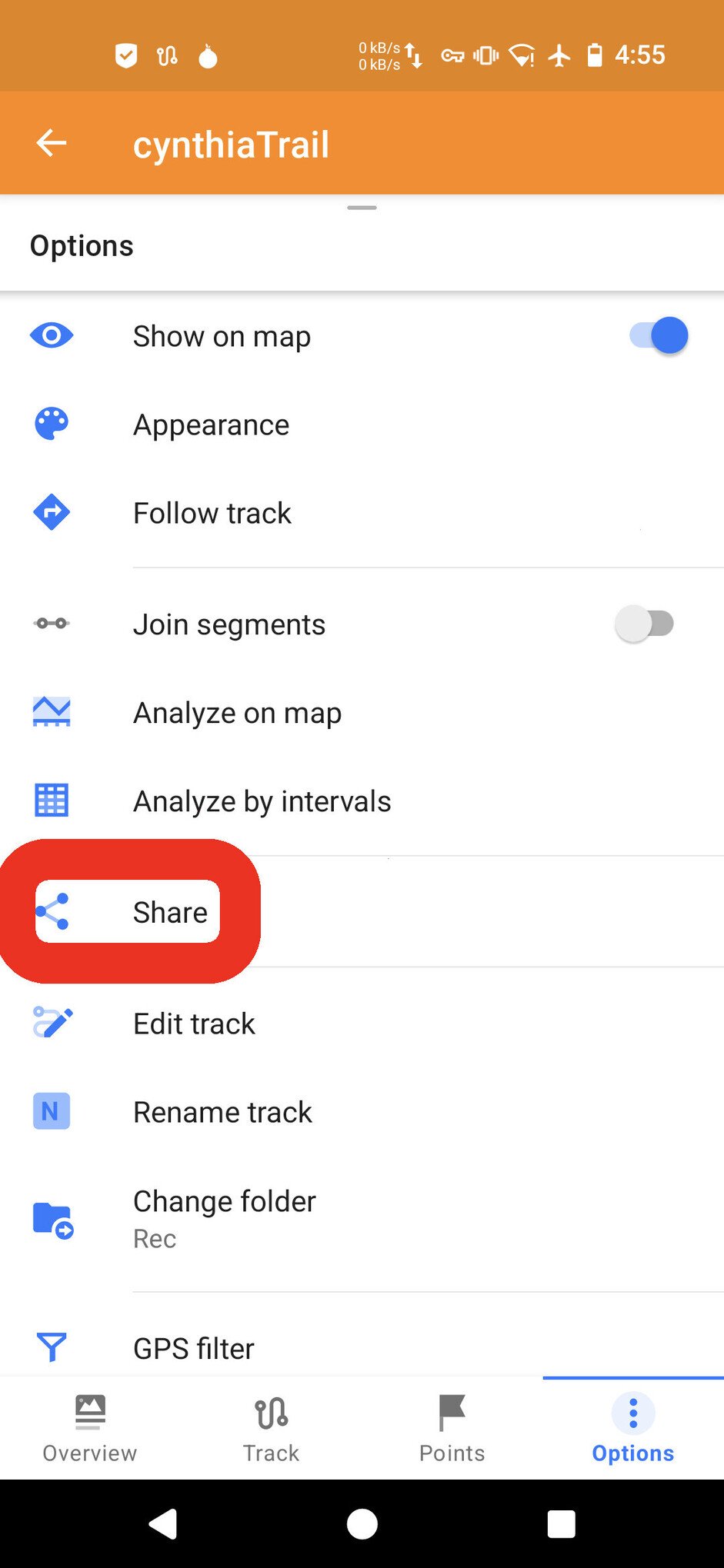 Screenshot of the OsmAnd app, showing a screen titled "cynthiaTrail" and several rows of options. There is a big red box circling a row titled "Share"