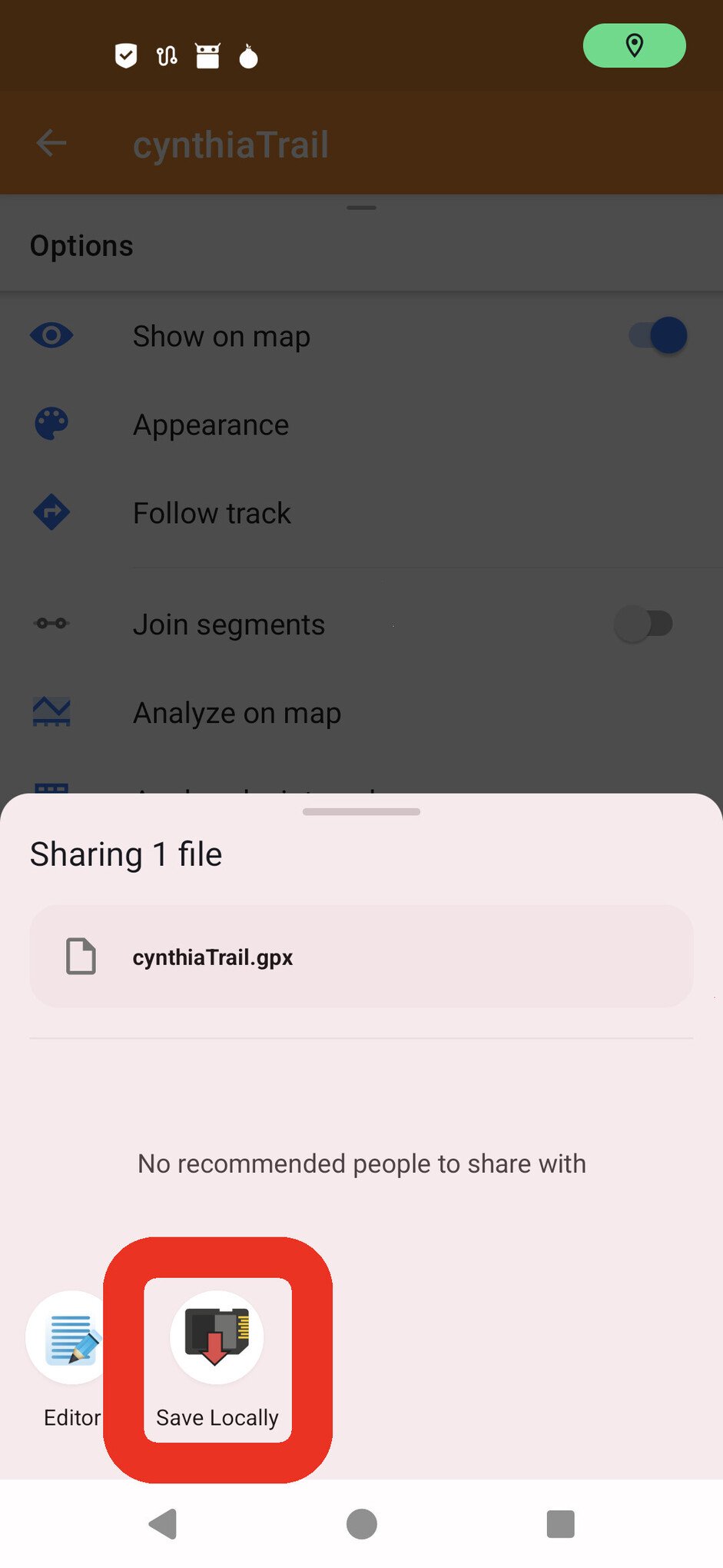 Screenshot of the OsmAnd app, with an overlay menu that says "Sharing 1 file / cynthiaTrail.gpx". There are a couple app icons below that, and a big red box is circling an app titled "Save Locally"