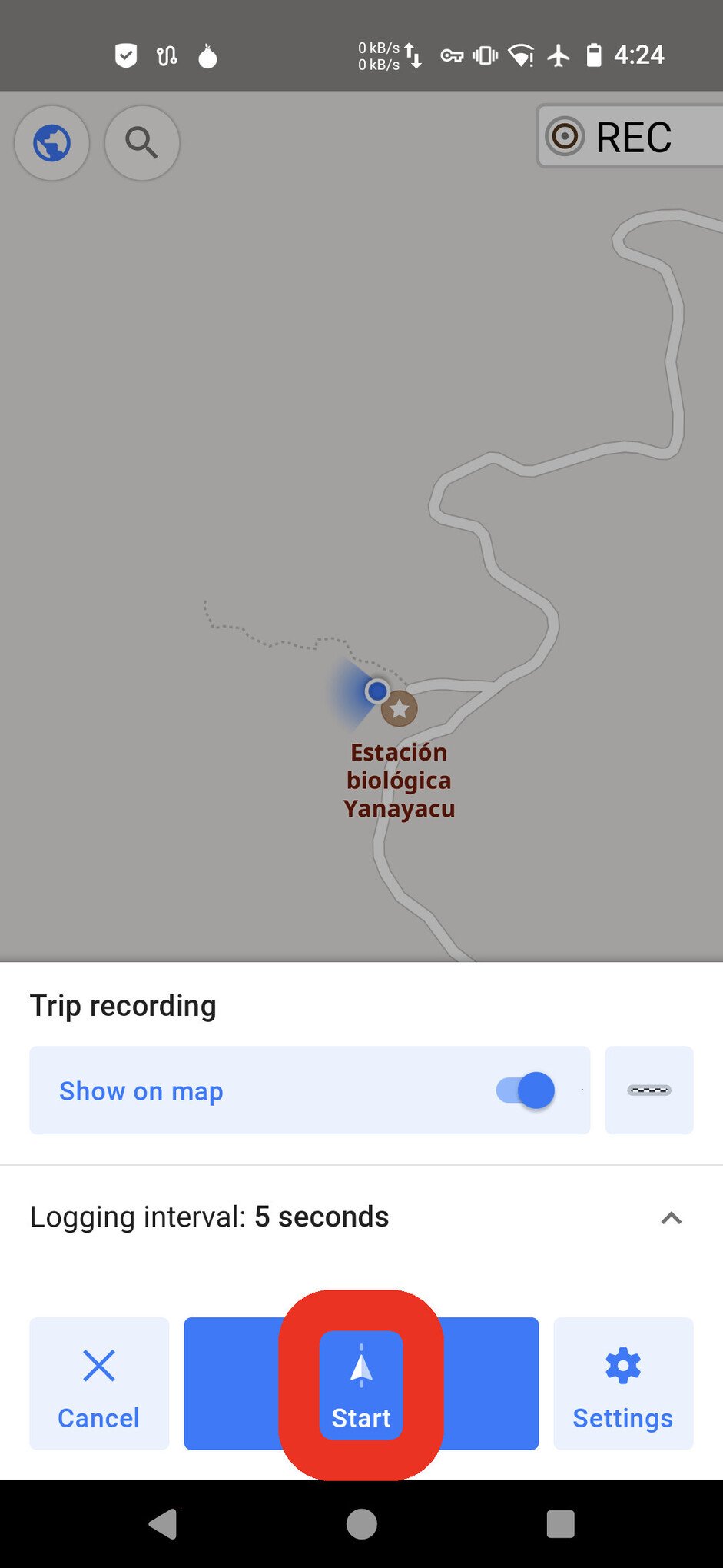 Screenshot of the OsmAnd app, with an overlay menu that says "Trip recording". A toggle button titled "Show on map" is enabled. Below that, a big red box is circling a button titled "Start"