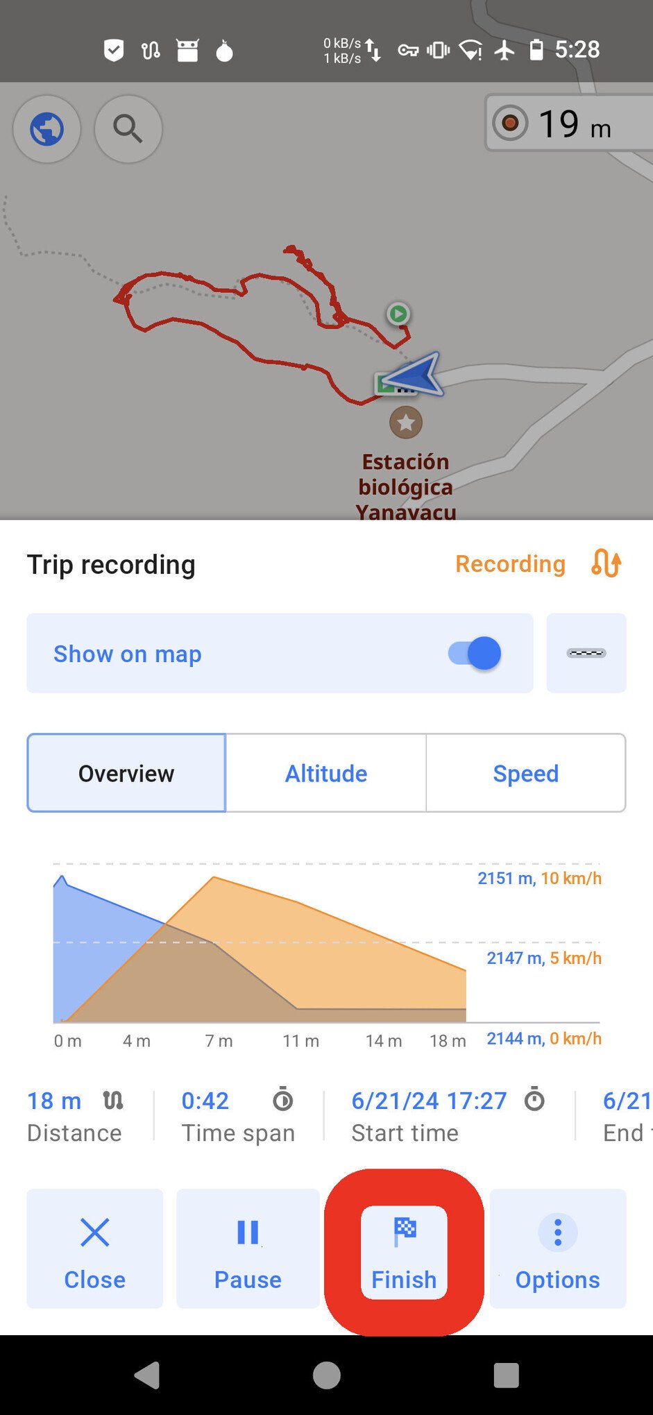 Screenshot of the OsmAnd app, with an overlay menu that says "Trip recording / Recording" at the top. A big red box is circling a button at the bottom titled "Finish"