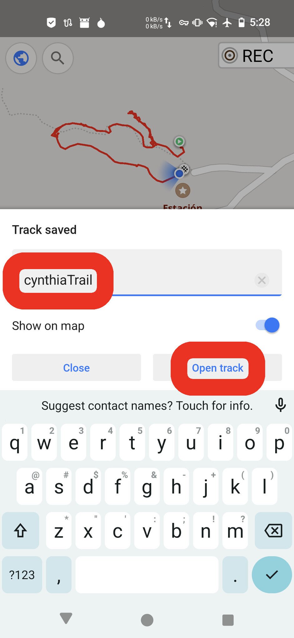 Screenshot of the OsmAnd app, with an overlay menu that says "Track saved". There is a text input field below that, which contains the text "cynthiaTrail". A big red box is circling a button below titled "Open track"