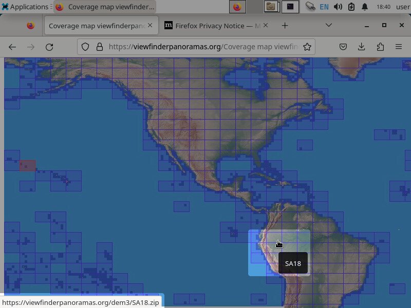 Screenshot of the Firefox application browsing the website 'viewfinderpanoramas.org. The mouse cursor hovers over eastern Ecaudor, and a tooltip "SA18" is visible. The lower-left of the browser shows the URL "https://viewfinderpanoramas.org/dem3/SA18.zip"