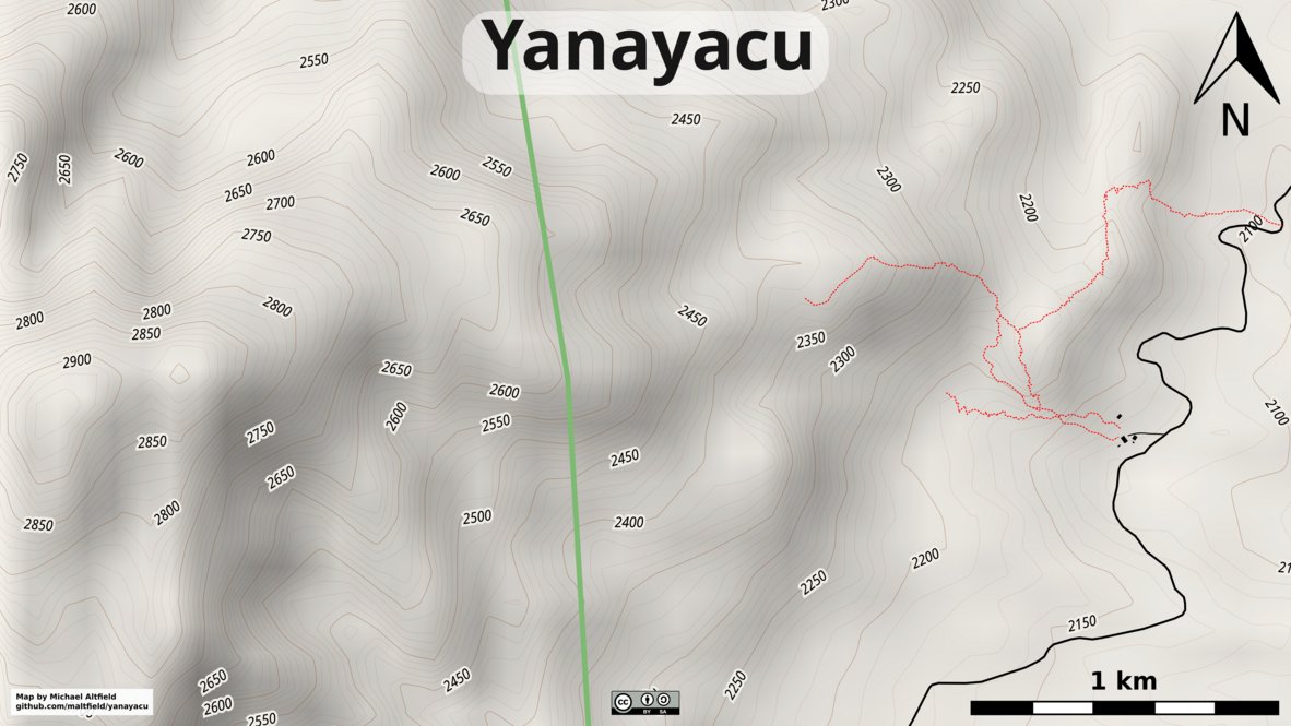 Image shows a topographical map of a mountainous area. The title reads "Yanayacu". The elevation ranges from 2,100 to 2,900. The bottom-left has a small font that reads "Map by Michael Altfield / github.com/maltfield/yanayacu"